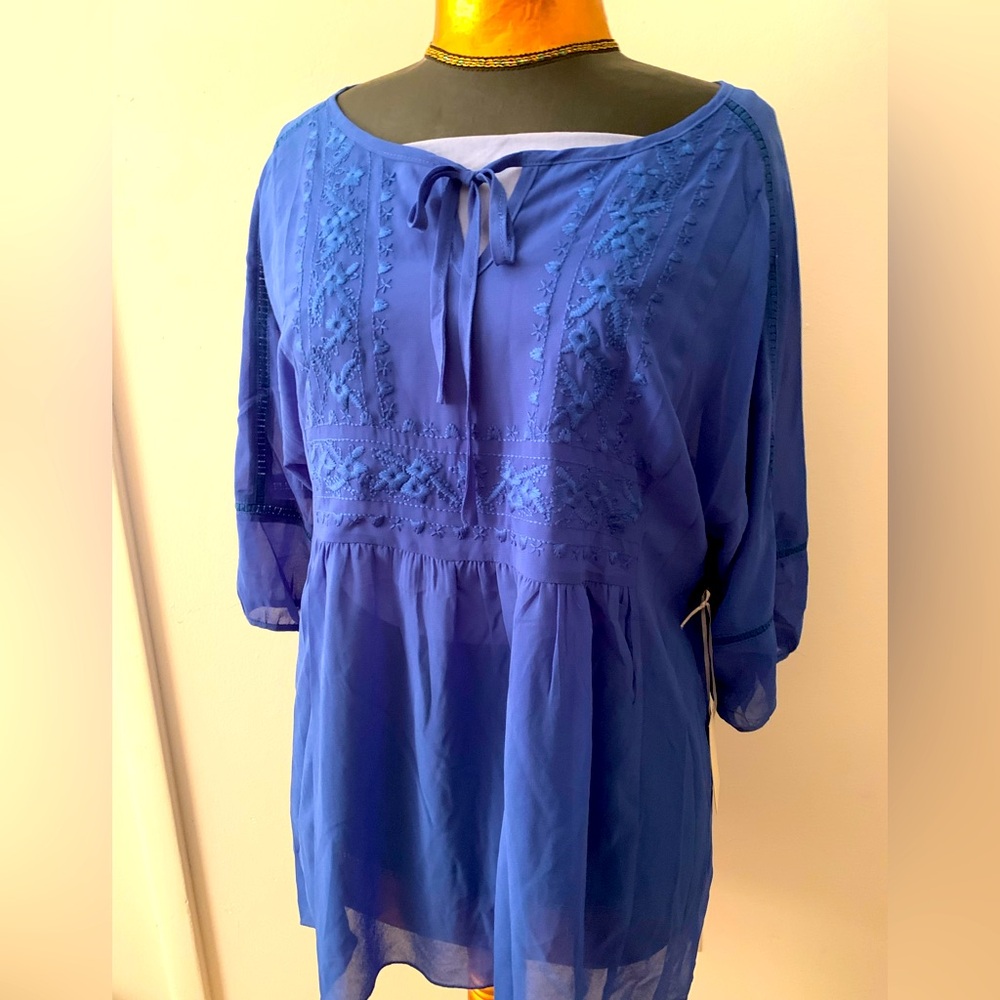 Blue 3/4 Sleeve Tie Front Blouse